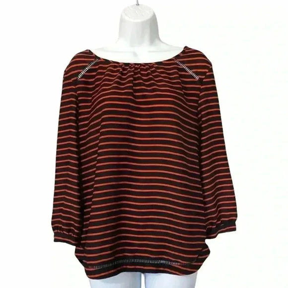 J Crew Orange & Navy Stripe 3/4 Sleeve Blouse - Picture 1 of 4